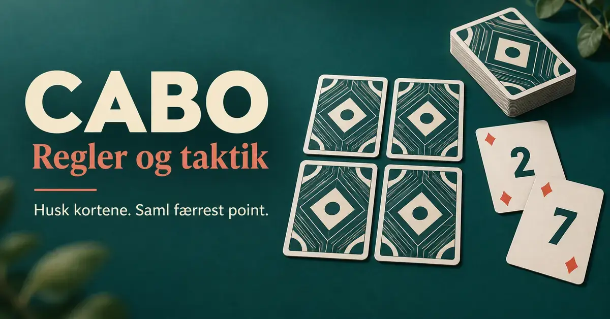 Illustration af Cabo med fire skjulte kort, en kortbunke og to åbne kort på en grøn baggrund med teksten »Cabo – Regler og taktik«.
