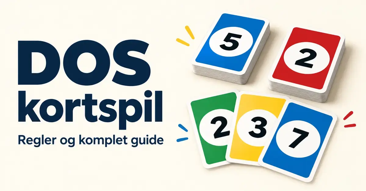 Grafik med teksten »DOS kortspil – Regler og komplet guide«, to bunker talkort og tre farverige kort på en lys baggrund.