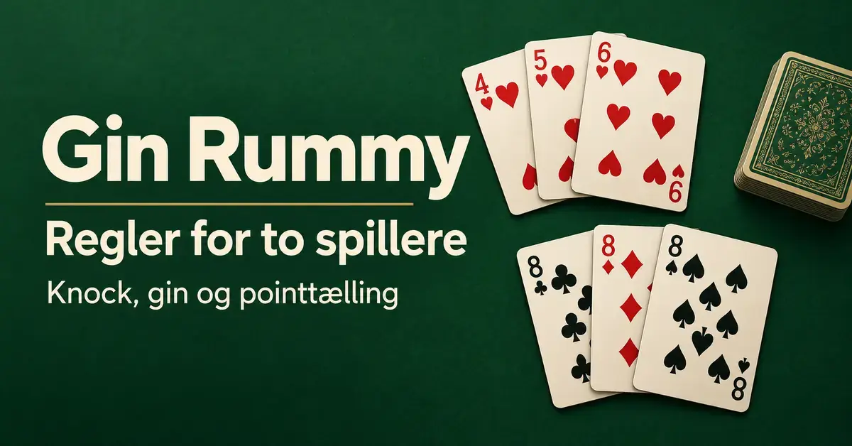 Grafik med en hjertersekvens og tre ottere på et grønt spillebord samt teksten »Gin Rummy – Regler for to spillere – Knock, gin og pointtælling«.