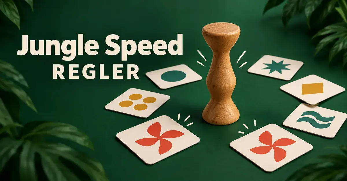 En trætotem omgivet af kort med farverige geometriske symboler på en mørkegrøn baggrund med teksten »Jungle Speed – Regler«.