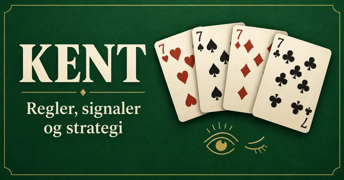 Grafik om kortspillet Kent med fire syvere, et blinkende øje som hemmeligt signal og teksten »Kent – Regler, signaler og strategi« på grøn baggrund.