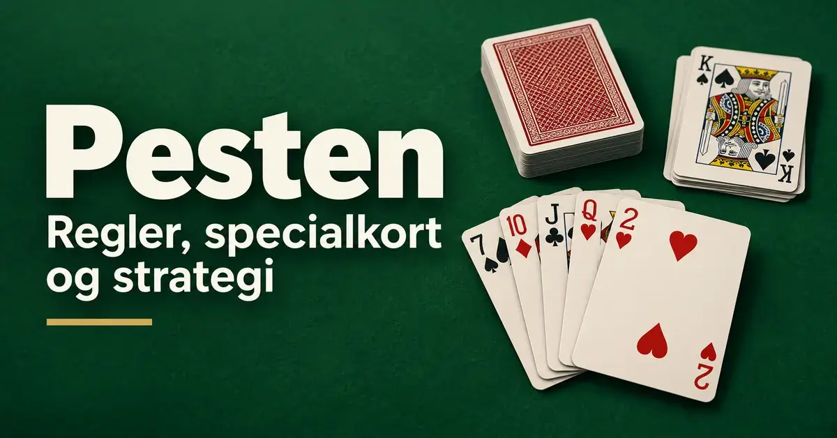 Spillekort på en grøn baggrund med teksten »Pesten – Regler, specialkort og strategi« og hjerter to forrest.