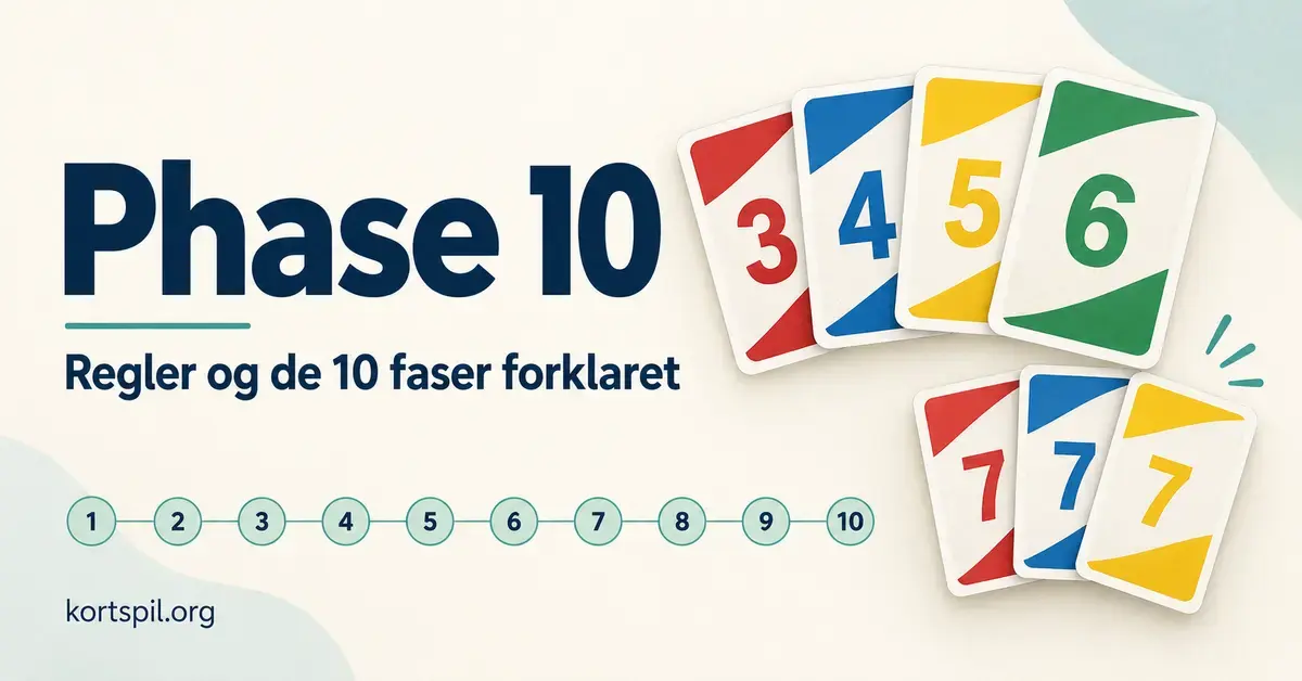 Grafik om Phase 10 med farvede spillekort, ti nummererede fasemarkører og teksten »Regler og de 10 faser forklaret«.
