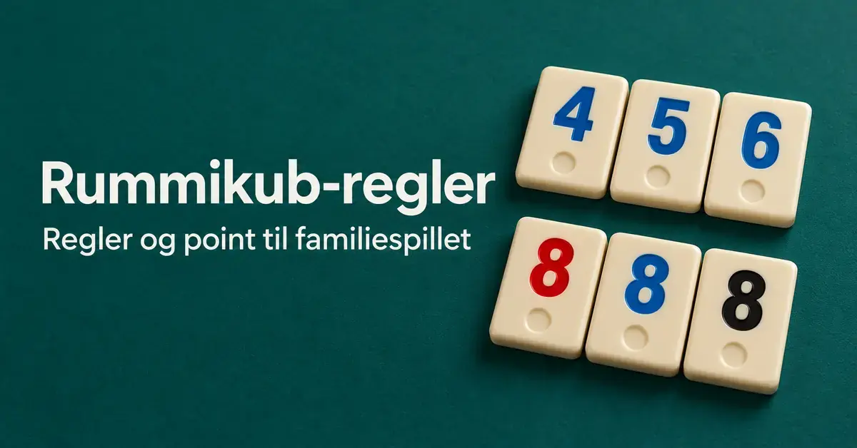 Rummikub-brikker med en blå række fra 4 til 6 og tre ottetaller i forskellige farver på en mørkegrøn baggrund med teksten »Rummikub-regler – Regler og point til familiespillet«.
