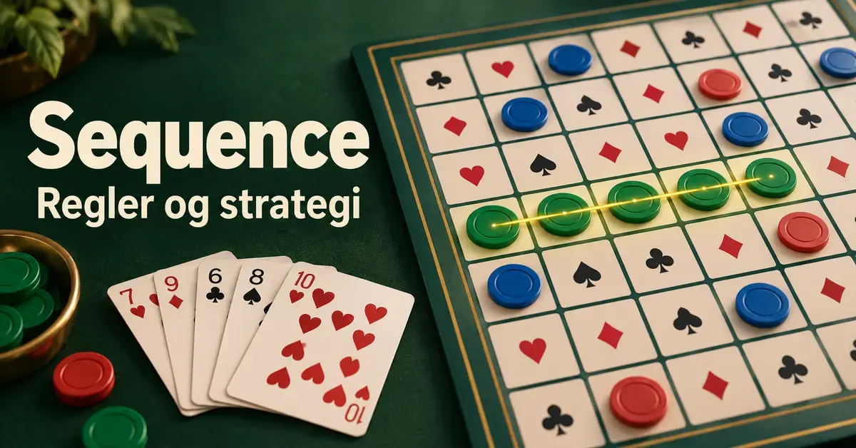Illustration af Sequence med spillekort, farvede brikker og fem grønne brikker på række på et spillebræt samt teksten »Sequence – Regler og strategi«.