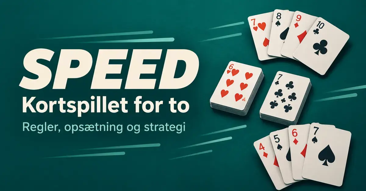 Grafik med spillekort på en mørkegrøn baggrund og teksten »Speed – Kortspillet for to – Regler, opsætning og strategi«.