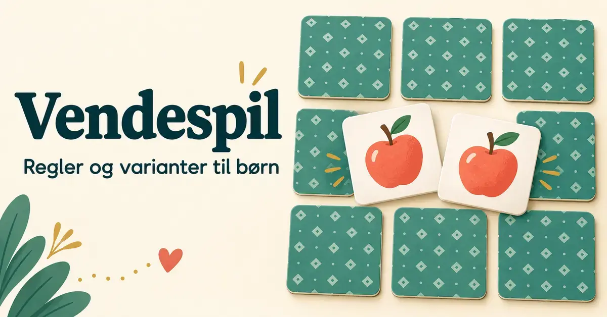 Vendespil med grønne kort og to vendte kort med ens røde æbler samt teksten »Vendespil – Regler og varianter til børn«.